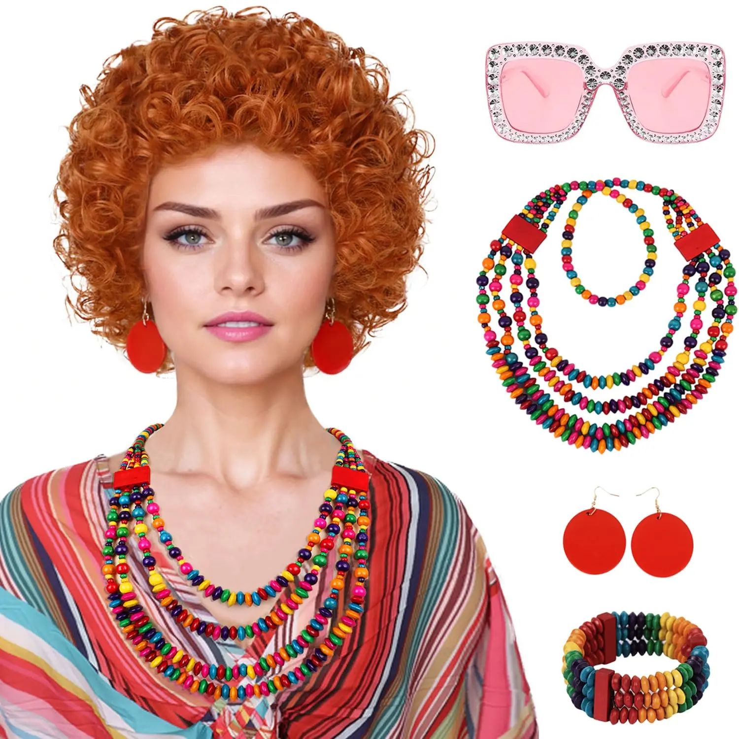 

Synthetic Red Orange Wig Pink Sunglasses Rainbow Necklace Earrings Wig for Women Costume Short Curly Cosplay Halloween Party
