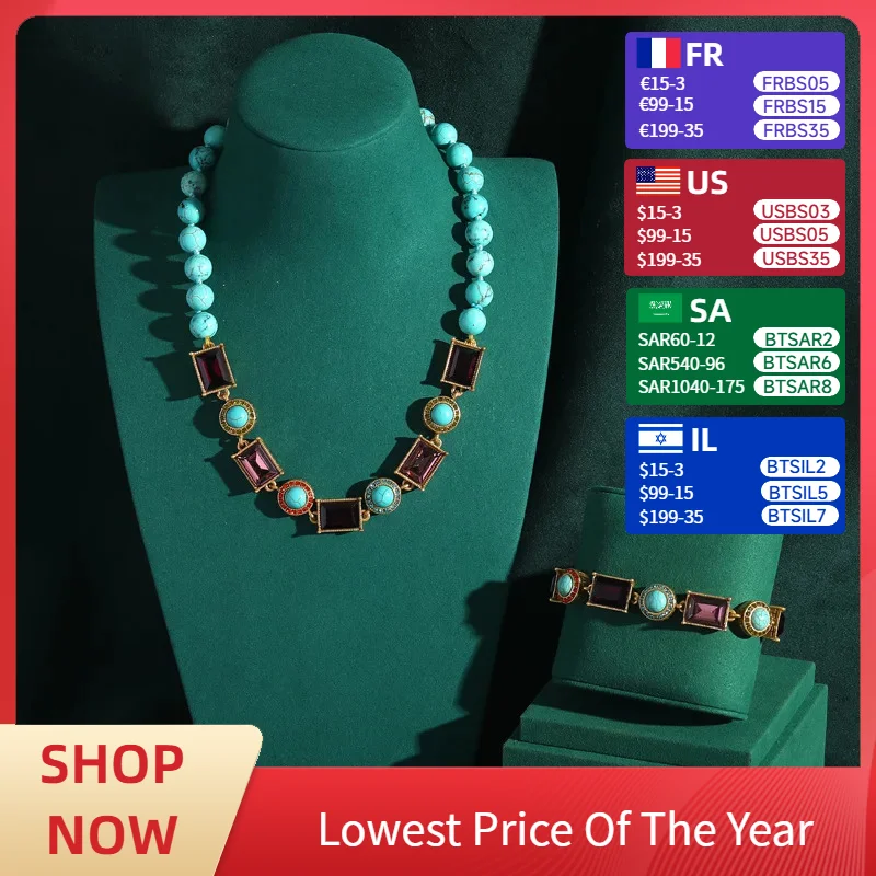 

Vintage Blue Natural Stone Antique Necklace Jewelry Sets Luxury Purple Square Women's Bracelet Bride Accessories New In