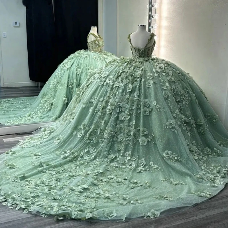 Maßge schneiderte mint grüne mexikanische Swee 15 Jahre Mädchen Quince anera Kleider Blume Schnürung Ballkleid Frauen Abschluss ball Geburtstags feier Kleid 16