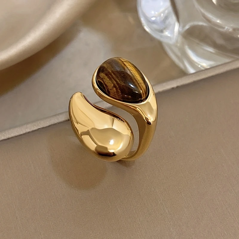 Huitan Modern Fashion Teardrop Imitation Tiger Eye Open Rings for Women Gold Color Minimalist Daily Party Lady Statement Jewelry - view 5
