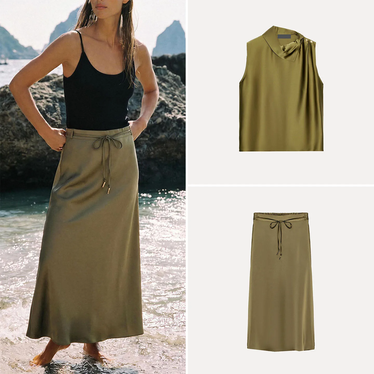 Women's Fashion Shirt with Belt And Shoulder Button Decoration Sleeveless Top And Half Skirt Two-Piece Set Zadata Brand