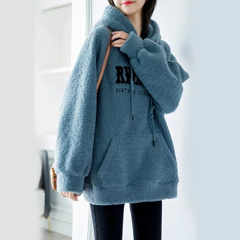 2023 frühling Herbst Hoodies Frauen Fleece Verdickte Mit Kapuze Kleidung Neue Mode Lose Große Größe Stickerei Brief Warme Hoodies