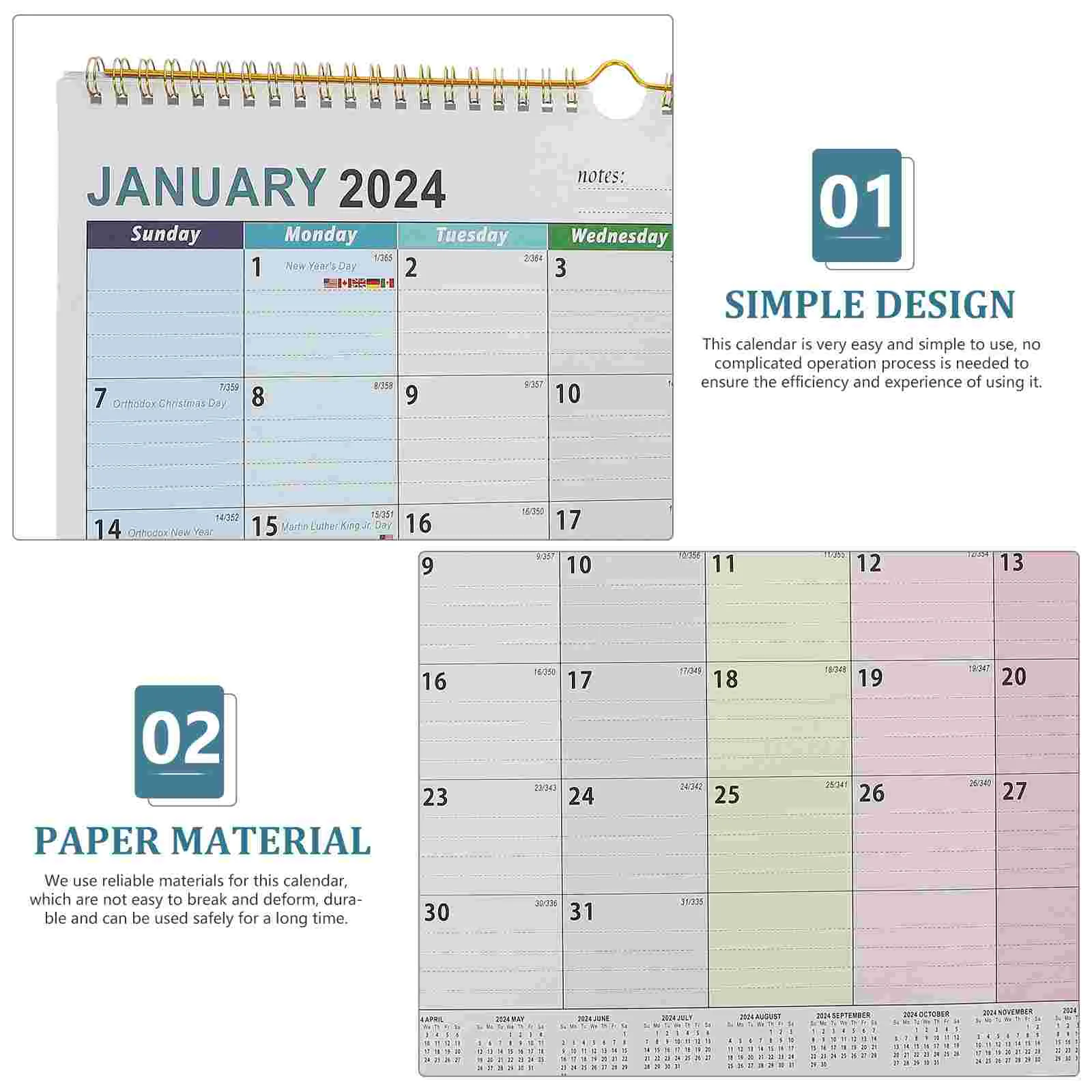 Calendario de pared planificador mensual de papel 2024, escritorio delicado colgante, calendarios de trabajo simples