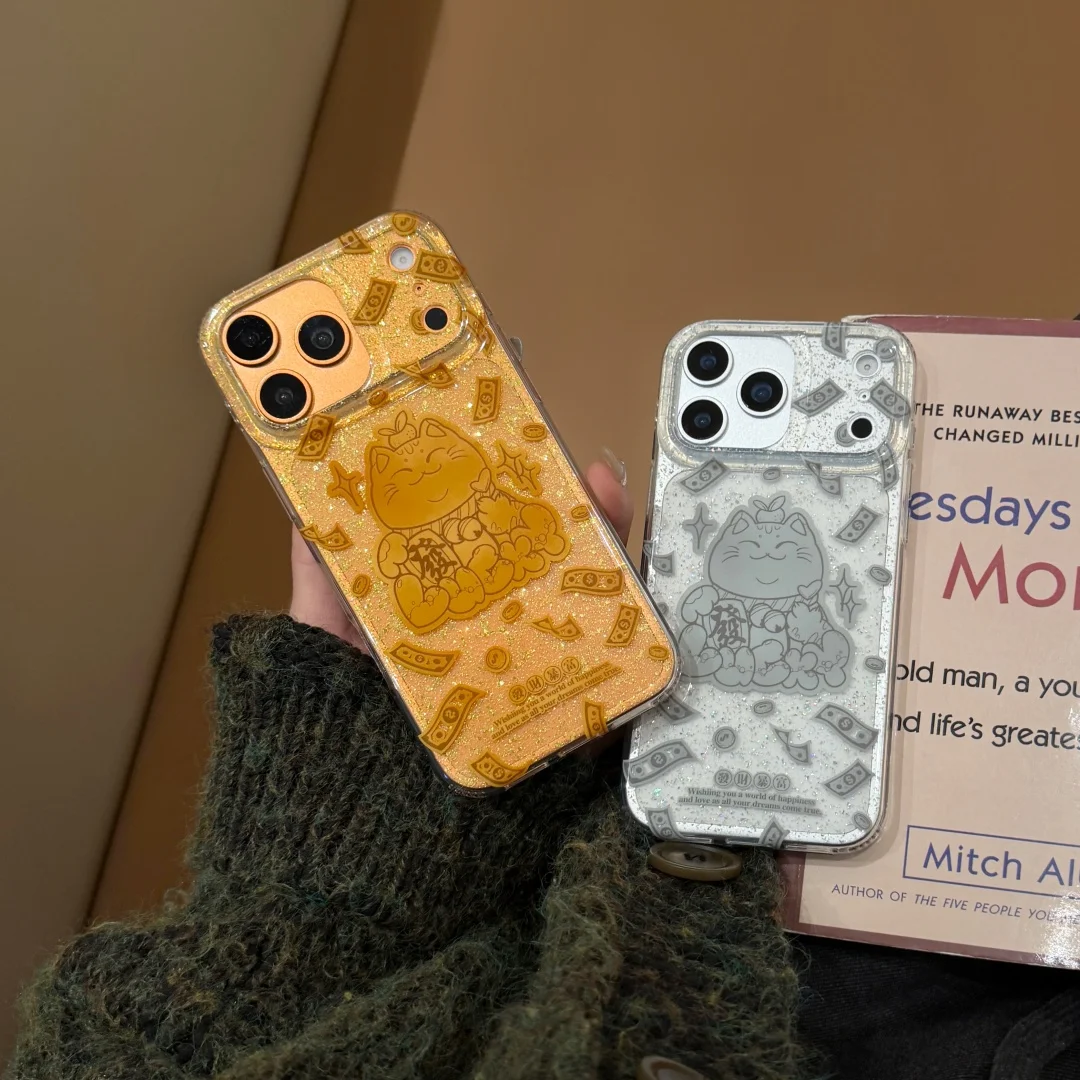 

2026 Cute 3D Lucky Cat Phone Case For iPhone 17 16 15 14 13 Pro Max Japan Style Anti-drop Glitter Soft Silicone Cover﻿