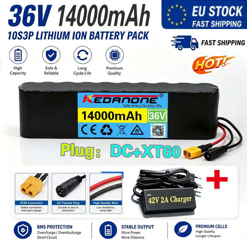 Spedizione dalla Francia: batteria al litio ricaricabile 36V 14Ah 18650, configurazione 10S3P, 1000W, con BMS, per biciclette e scooter.
