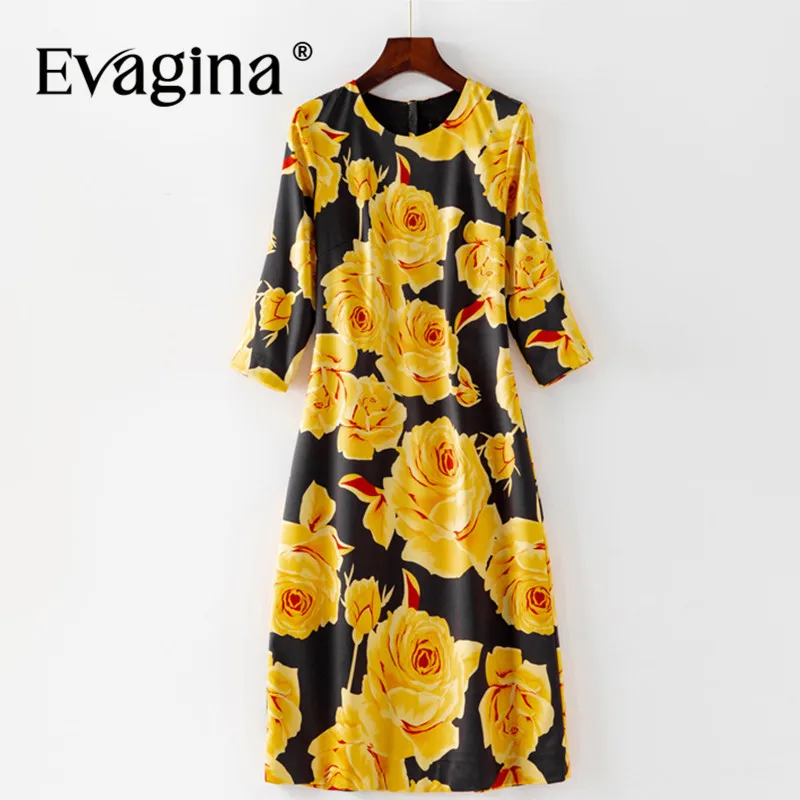 Evagina Fashion Design Spring Summer Women's Pencil Dress Three Quarter Sleeve Yellow Rose Print Slim Dresses