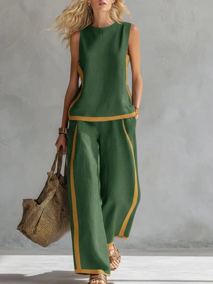 Simple Stripe Print Women's Suits Summer Fashion Sleeveless Loose Blouse Wide Leg Pants Two Piece Set For Women Casual Outfits - view 5
