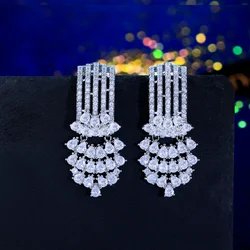 CWWZircons Sparkling Cluster Water Droplets Cubic Zirconia Long Drop Dangle Chandelier Bridal Wedding Earrings for Women CZ930