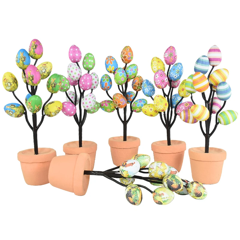 Easter Egg Tree Flowerpot Colorful Painting Foam Egg Creative Tabletop Decor Potted Plant Ornaments Home Easter Party Supplies