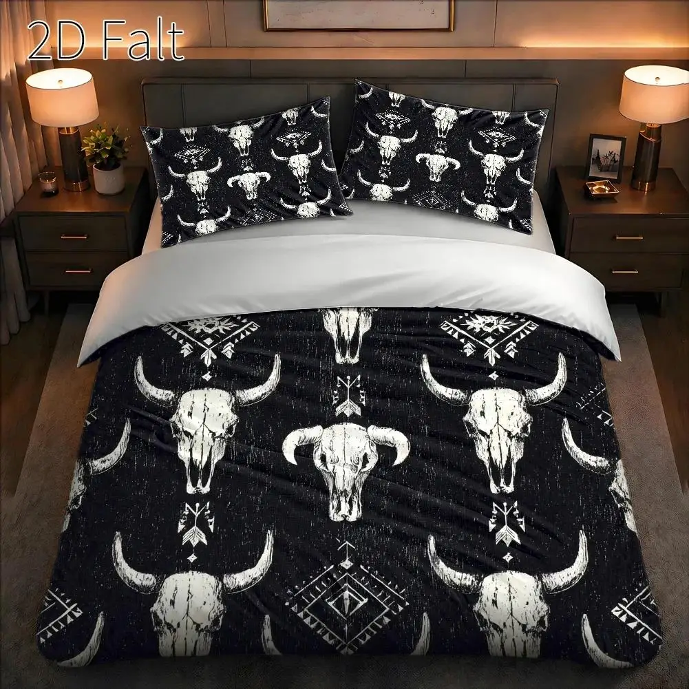 Christmas Three-Piece Bedding Set with Pillowcases and Duvet Cover, 3-Piece Duvet Cover Set, 1 Duvet Cover + 2 Pillowcases (Without Filling) 2D Flat Printing, Three-Piece Bedding Set, Cow Skull Geometric Pattern, Vintage Hand-Painted Style, Halloween Decoration, Ultra-Soft Printed Duvet Cover Set 3 Pieces Bedding Set Quilt Cover