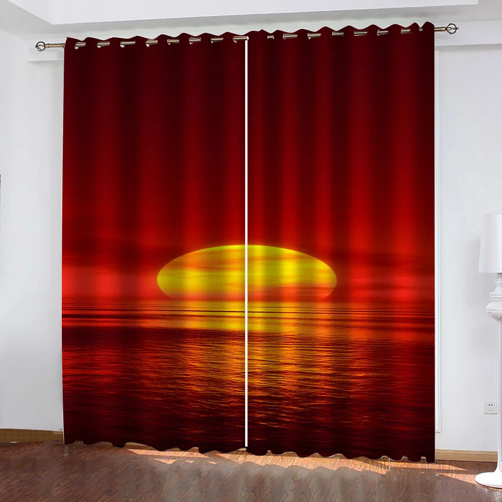 HUANZHUANG Curtain For Children'S Room Red Sunrise Seascape D Cheap Modern Printing Curtain Living Room Bedroom Home Decoration