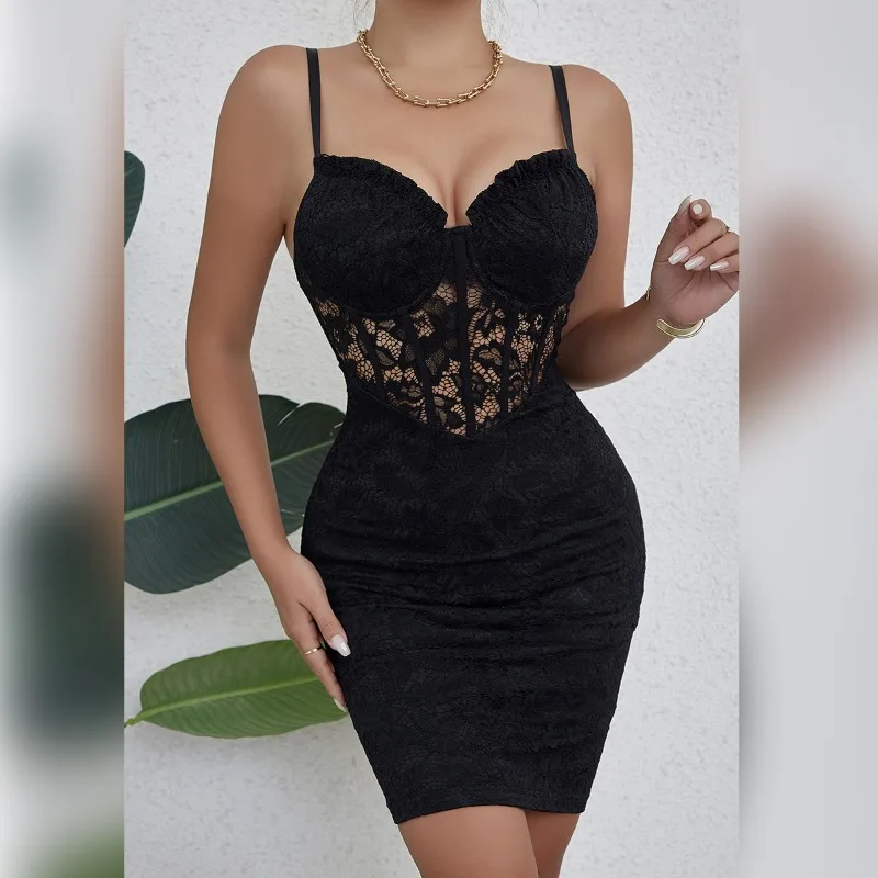 

Elegant Sleeveless Mini Dress Woman New Fashion Sexy Lace Pleated Flower Patterned Hip Wrap Dress Y2k Slim Fit Vestidos Платье