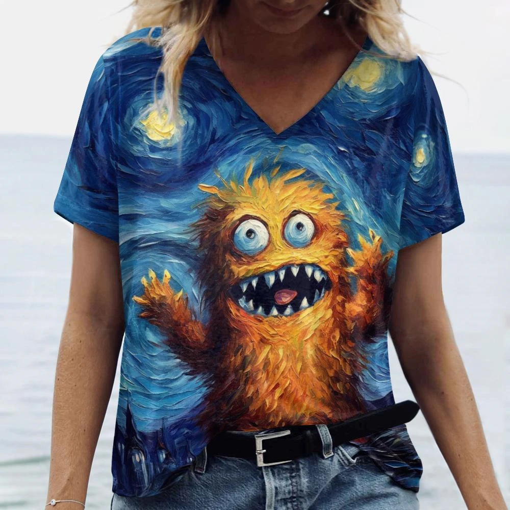 

Women's T-Shirt Cartoon Monster Print T Shirt For Women Fashion V-neck Short Sleeve Tops Summer Female Clothing Funny Trend Tees