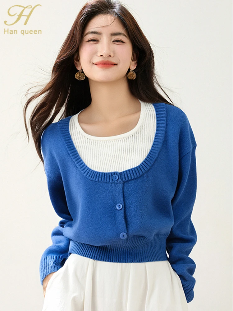 

H Han Queen Autumn Winner Pullover Sweaters Women's Fashion Color Blocking Soft Vintage Casual Top Basic Knitwear Woman Clothing