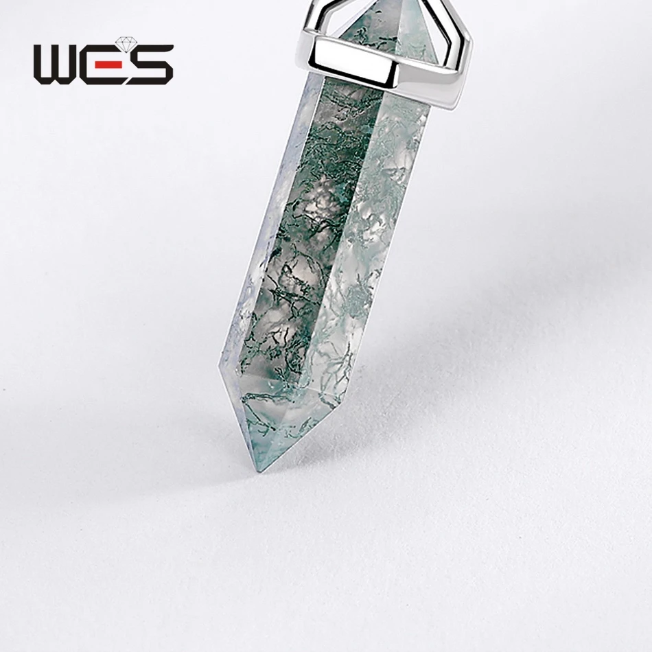 قلادة بدلاية من الفضة الإسترليني للنساء ، حجر طبيعي ، عقيق طحلب ، منشور سداسي الشكل ، هدايا حفلات ، بيع بالجملة #4