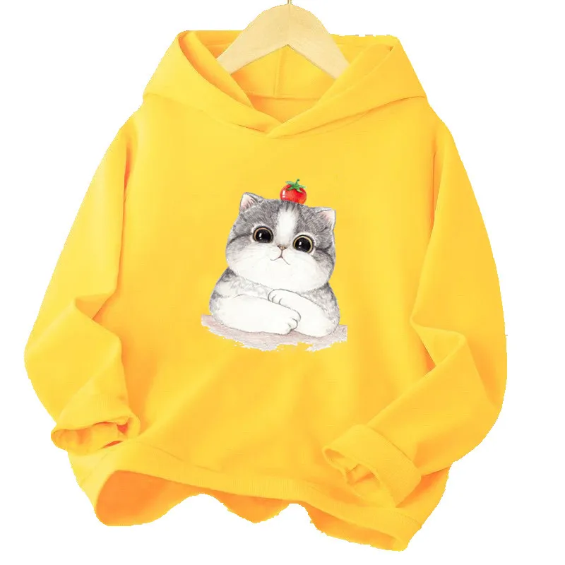 Spring Girls Long Sleeve Cute Cat Pullover Sweatshirt Kids Cute Kitty Print Thin Hoodies