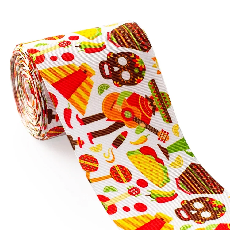 5 yards Mexico Flower Printed Grosgrain Ribbons 25mm/38mm/50mm/75mm for Hair Bows DIY Handmade Materials