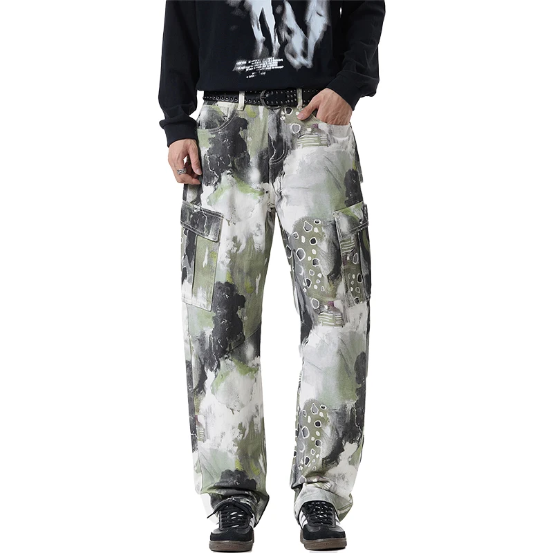 

Pure Cotton Ink Print Camouflage Jeans Men Streetwear Hip Hop Loose Casual Denim Cargo Pant Baggy Jeans Trousers