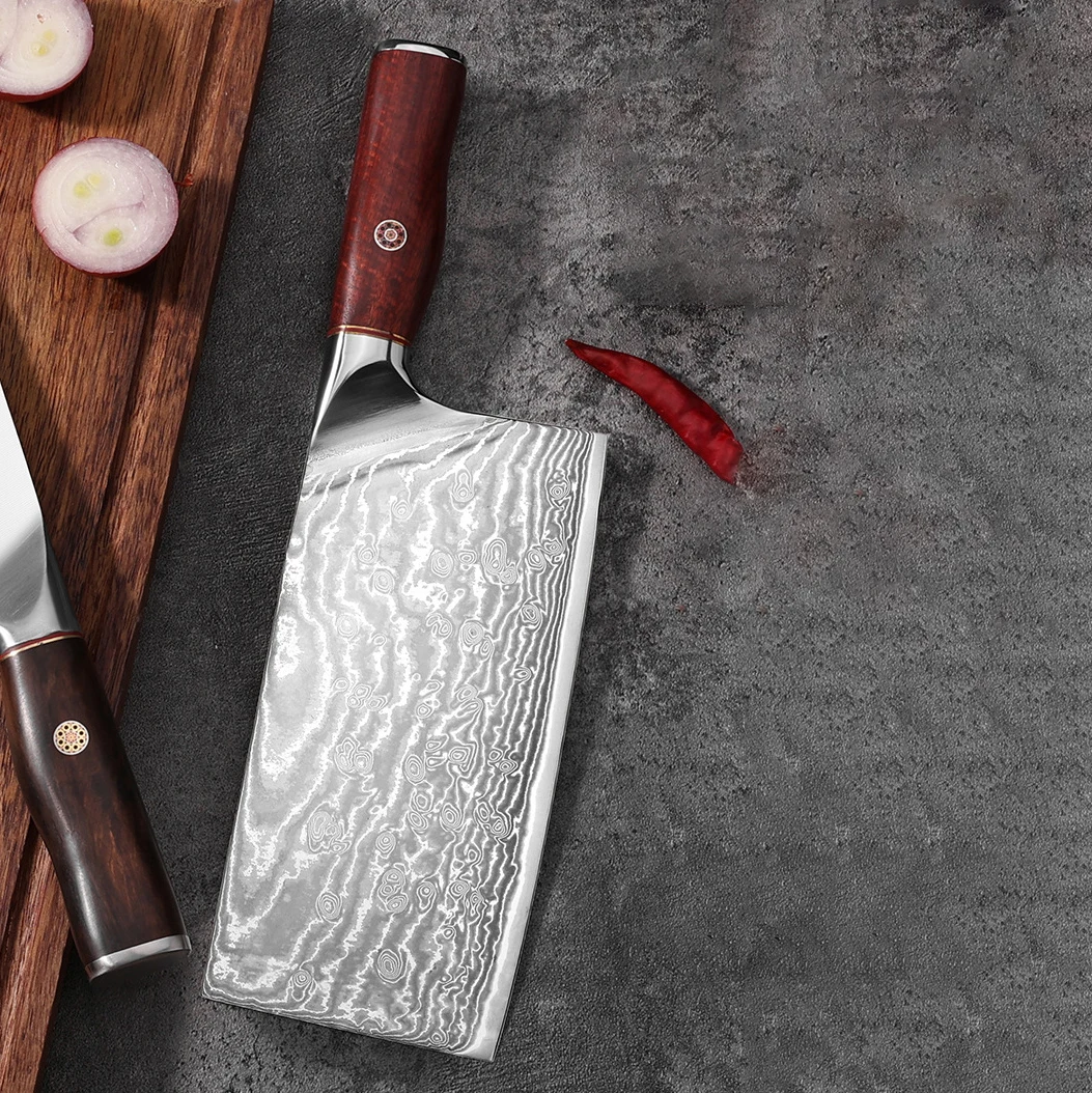 

7,7-дюймовый китайский нож шеф-повара, 67-слойное лезвие из дамасской стали, деревянная ручка, нож для нарезки овощей, тесак для мяса, кухонный нож Messen