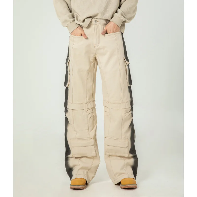 

Cargo Jeans Men Denim Straight Jean Washed Spliced Distressed Ankle Length Pants Zipper Fly Spring Pockets Loose Vintage