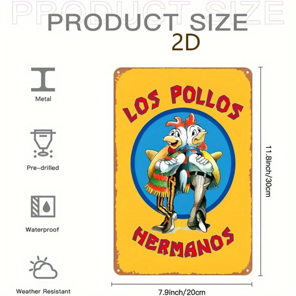 Vintage Los Pollos Hermanos Metal Tin Sign, Retro Breaking Bad Inspired Yellow Wall Art Decor Plaque for Bar, Pub, Man Cave & TV