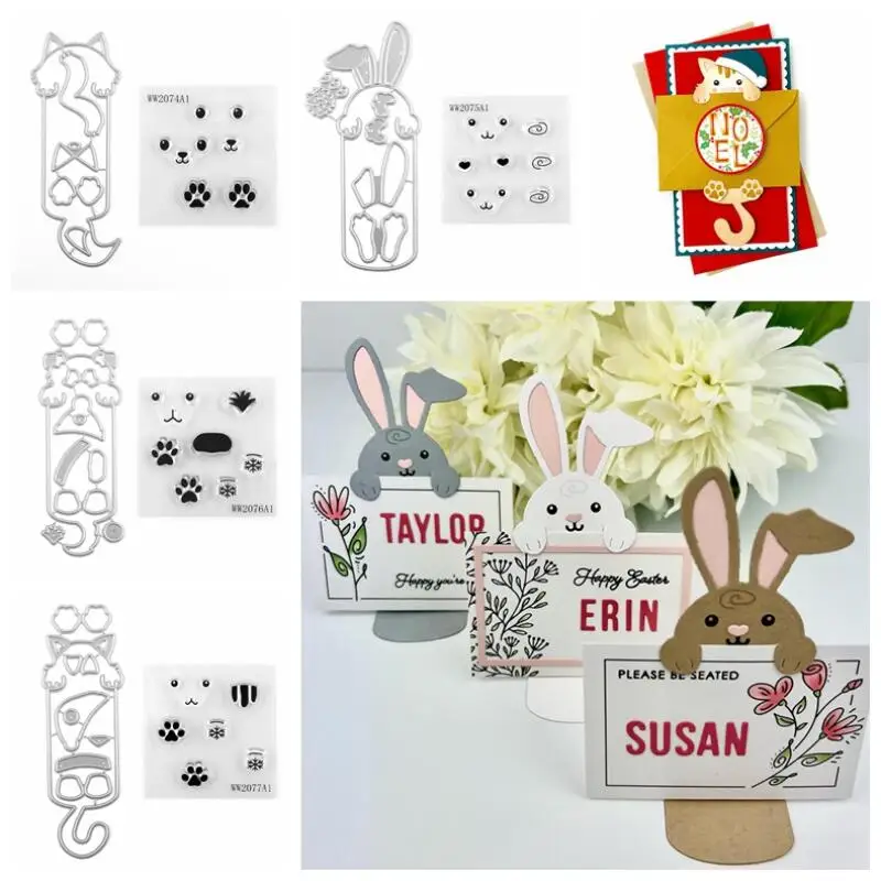 Easter Bunny Cat Dog Fox Bookmark Metal Cutting Dies and Facial Expression Clear Stamps for DIY Scrapbooking Calendar Making