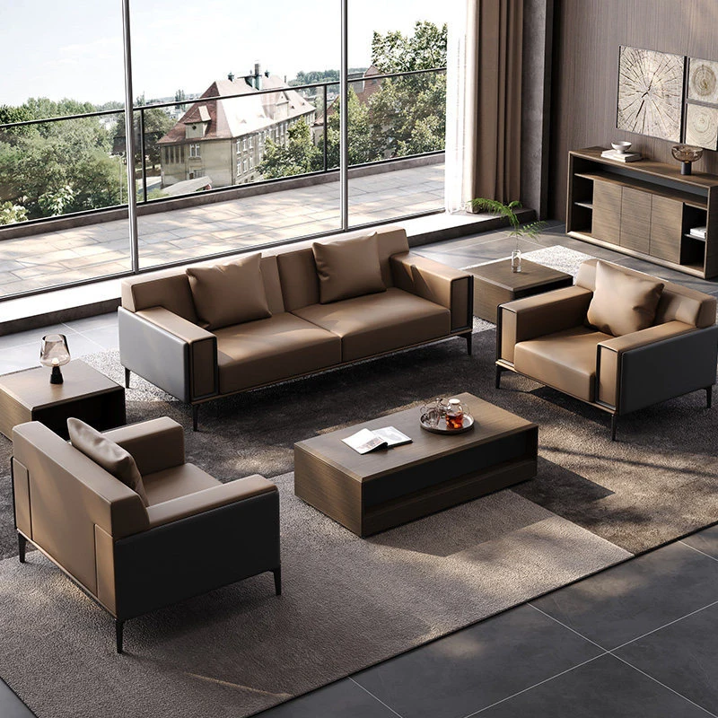 

Комплект из дивана и журнального столика из натуральной кожи в итальянском стиле для представительского офиса, зоны приема и переговоров, современный минималистичный прямой L-образный дизайн