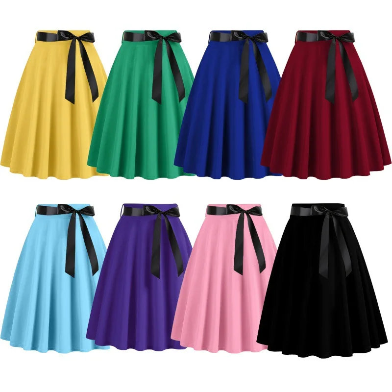 

50s 60s Hepburn Vintage Solid Color Bow Belted Party Swing Skirt Women Elegant Retro Casual Rockabilly A-Line Pleated Skirts