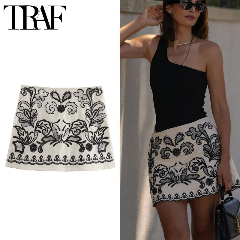 

TRAF Embroidery Mini Skirt High Waist Short Skirts For Women Vintage Summer A Line Skirt Streetwear Beach Chic Women's Skirts