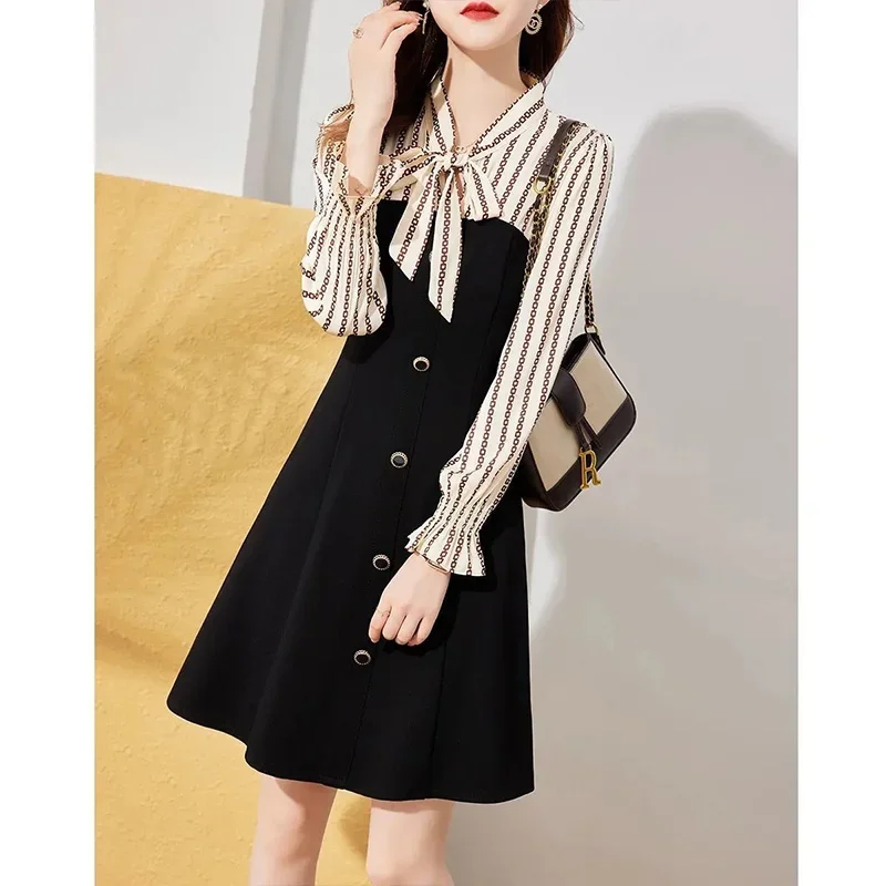 Women\'s Clothing Fashion Button Bow Elegant Dress Spring Autumn Office Lady Spliced Slim Knee-Length Dress