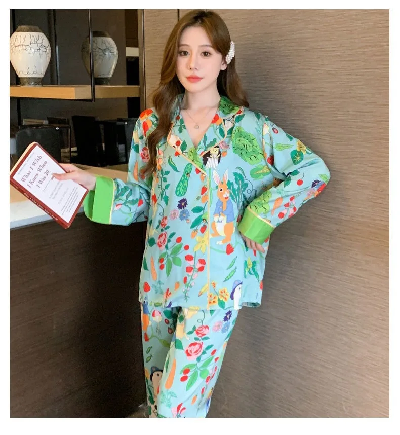 Satin Women\'s Pajamas Set Print Silk Like Homewear Long Sleeves Pants Sleepwear Elegant 2 Pcs Nightwear Female Leisure Home Suit