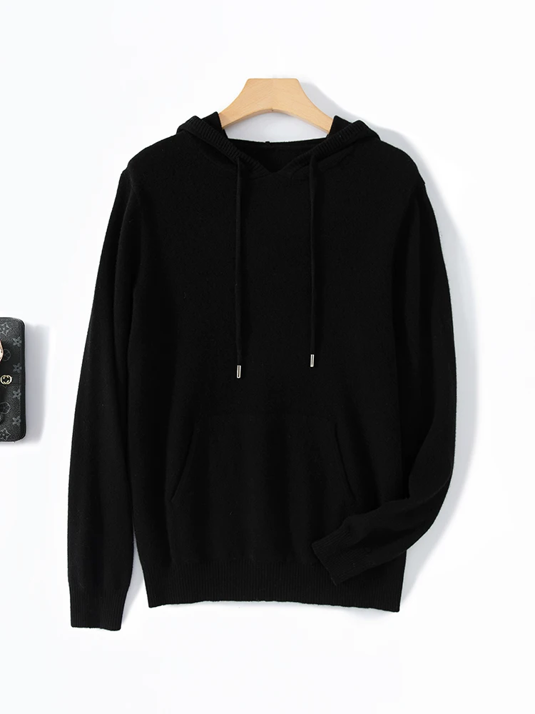

Leisure 100% Merino Wool For Men Hoodie Pullover Solid Color Knit Sweater Autumn Winter Cashmere Business Leisure Clothing