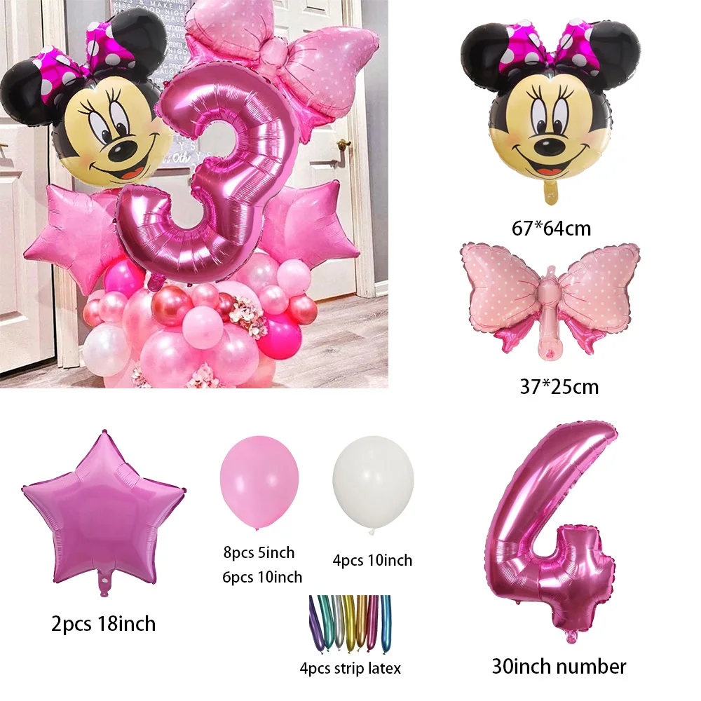1Set Disney Minnie Mouse Head Foil Balloon 30inch Pink Number Helium Globos Kids Birthday Party Decor Baby Shower Air Balls