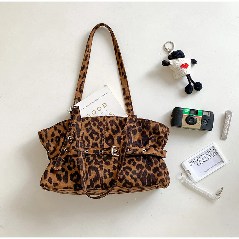 

Leopard Print Suede Shoulder Bag Solid Color Large Capacity Leather Strap Tote Bag Sophisticate Classic Lock-buckle Underarm Bag