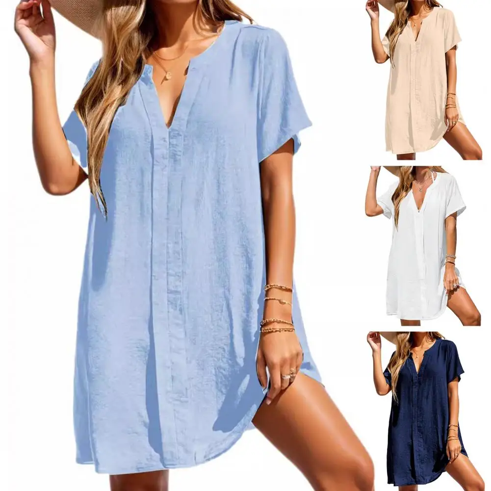 Coleção de vestido de camisa com decote em v feminino, vestido Midi, manga comprida para férias na praia, macio, elegante, 1pc