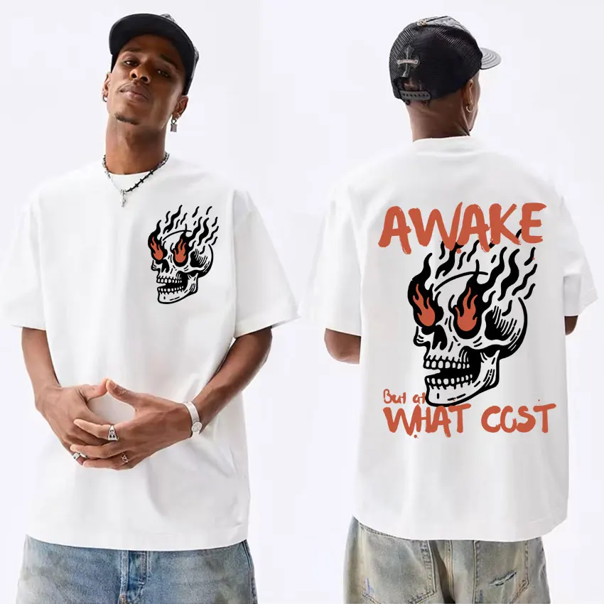 Awake At What Cost Skull Vintage Graphic T Shirts Men Women Fashion Hip Hop Oversized T-shirt Harajuku  Gothic Streetwear Tshirt