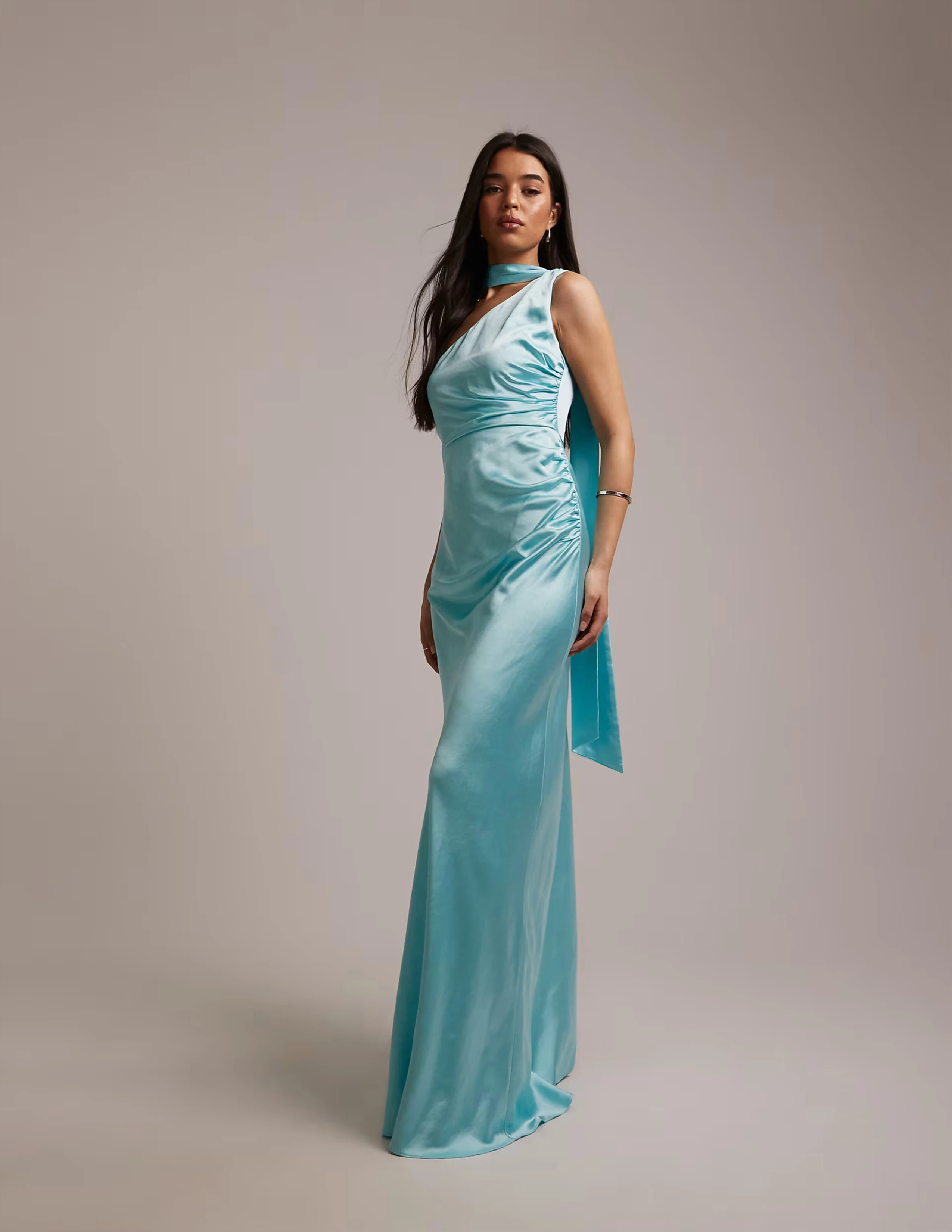 Vestido de Noche Largo Personalizado en Turquesa, de un Solo Hombro, para Mujer, de Satén con Pliegues Laterales, con Lazo Largo, Estilo Tubo, Largo Hasta el Suelo, para Dama de Honor o Baile de Graduación