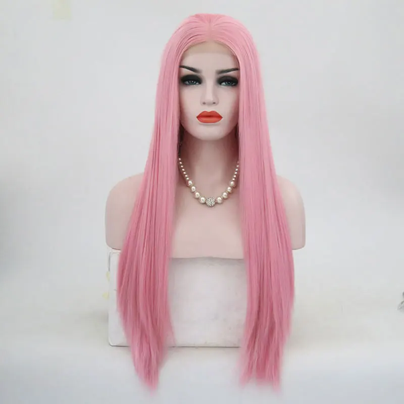 Living Pink Color Straight Synthetic Lace Front Wigs High Quality Heat Resistant Fiber Natural Hairline For Black Women Cosplay