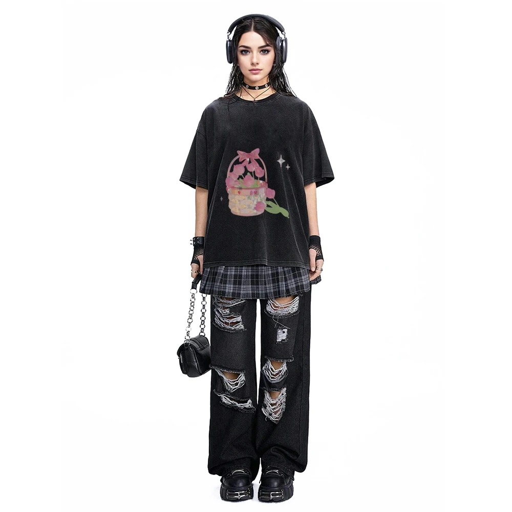 

Graphic Tees Tulip Basket Tee 100% Cotton, High - Quality Oversize Washed Tee. Pink Tulips In Basket, Sweet Y2K Vibe.