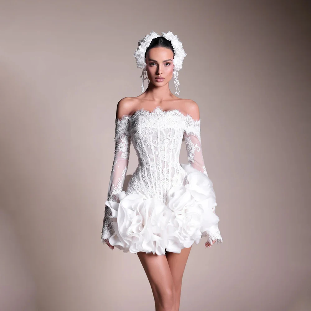 

Minimalist Civil Wedding Dresses Strapless Applique Flowers Full Sleeve A-Line Short Bride Party Gowns 2025 Corset Customized