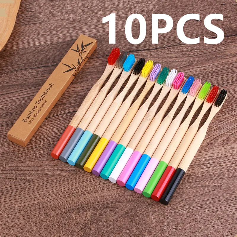 

10Pcs Adults Bamboo Toothbrushes Multipack Round Handle Soft Medium Bristle Wooden Toothbrush Family Set Bulk for Home Travel