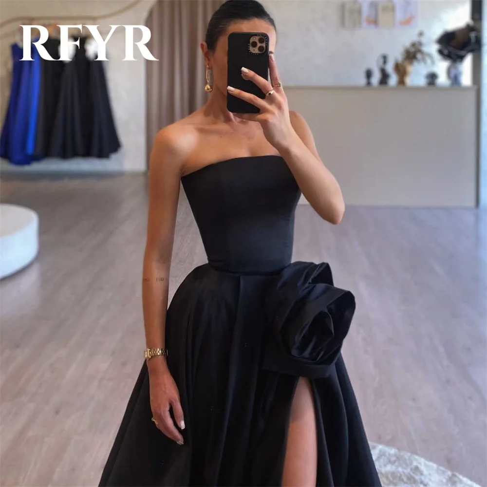 RFYR Simple Black A-Line Formal Dresses Stain Pleats Split Party Dress For Wedding Strapless Special Occasion Dress Customized