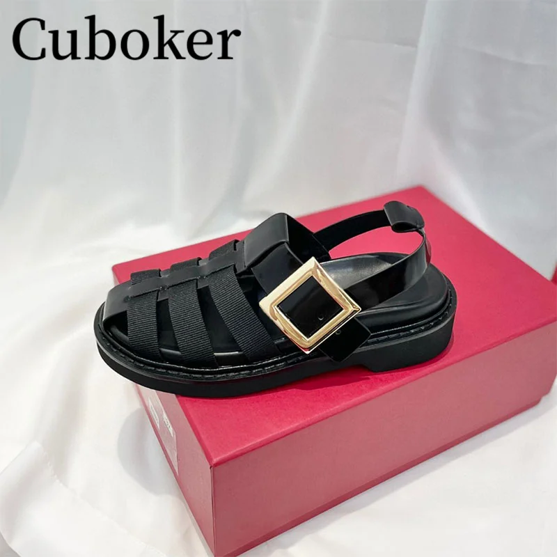 

2023 Summer Metal Buckle Hollow out New Luxury Brand Woven Rubber Sandals Walking Flats for Women Vacation Sandals Fashion Shoes