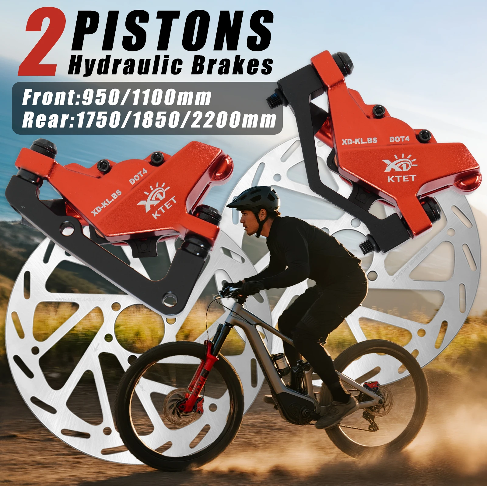 

2 Piston Red Ebike Hydraulic Disc Brake Kit Ebike Power Cut Off Brake Level Bicycle Dual Disc Oil Brakes