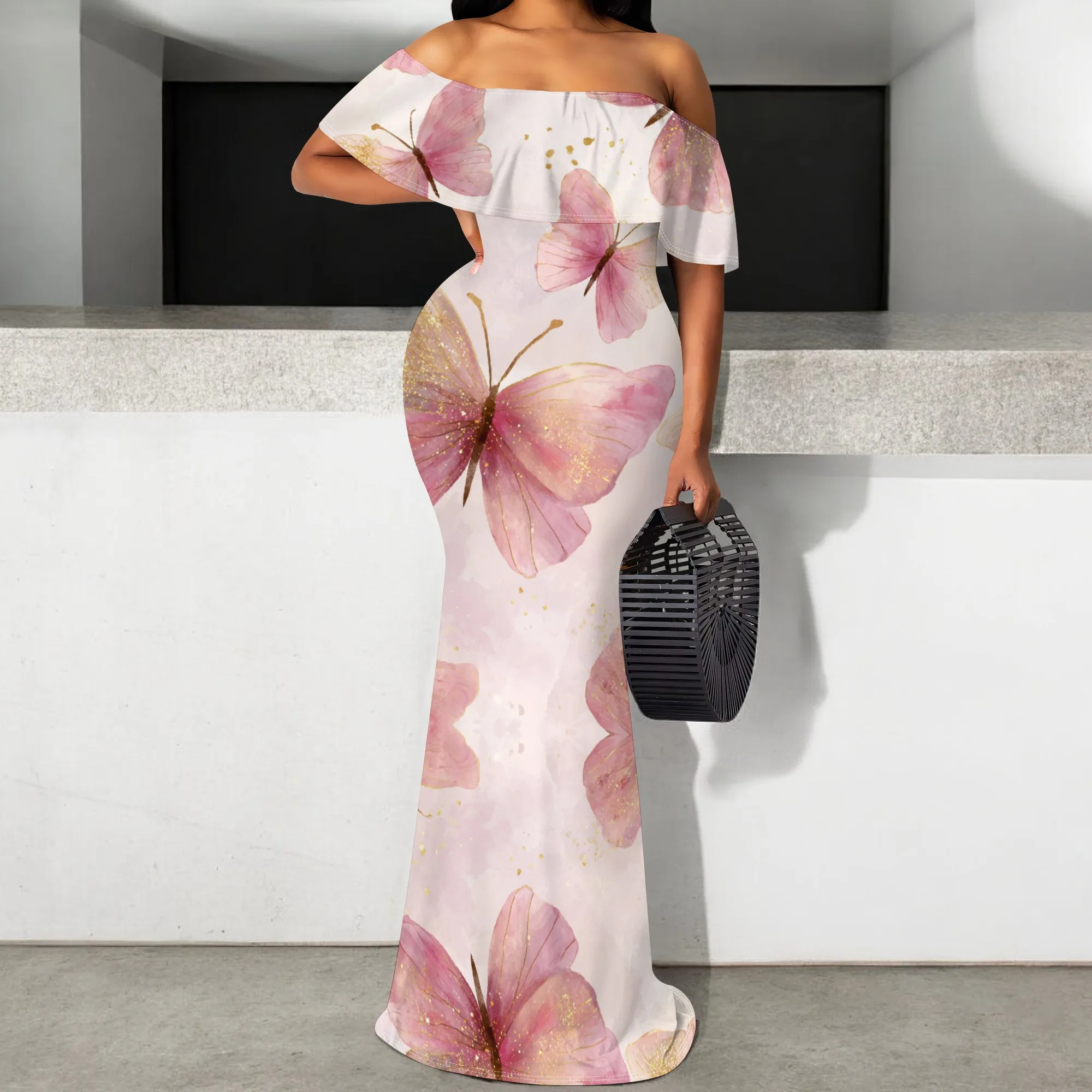 

Elegant Plus Size Off-Shoulder Mermaid Dress for Women Floral Butterfly Print Ruffle Party Vacation Maxi Dress S-3XL