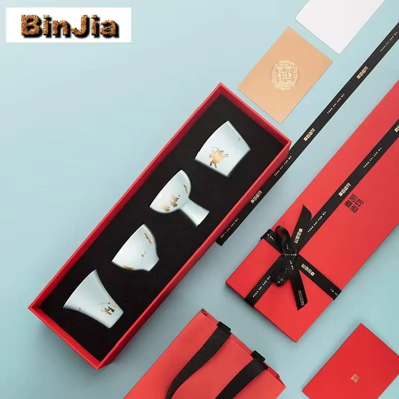 

4pc/set Palace Museum Cultural Celadon Teacup Creative Cover With Gold Leaf Master Cup Kung Fu Tea Set Printable Gift Box Craft