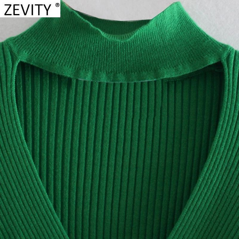 Zevity New Women Sexy Hollow Out Design Green Purple Color Short Knitted Sweater Lady Chic Long Sleeve Pullover Crop Tops SW1076