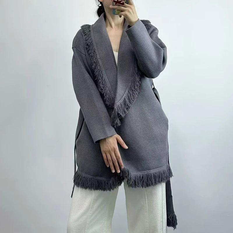 

Women's fashion tassel decorated lace-up coat, loose lapel mid-length overcoat, 2025 autumn/Winter new style