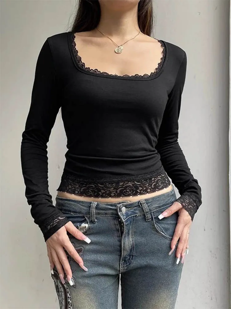 2000s Graphic T Shirt Vintage Fairy Grunge Women Autumn Lace Trim Long Sleeve Slim Fits Tops y2k Clothes Basic Harajuku Tees