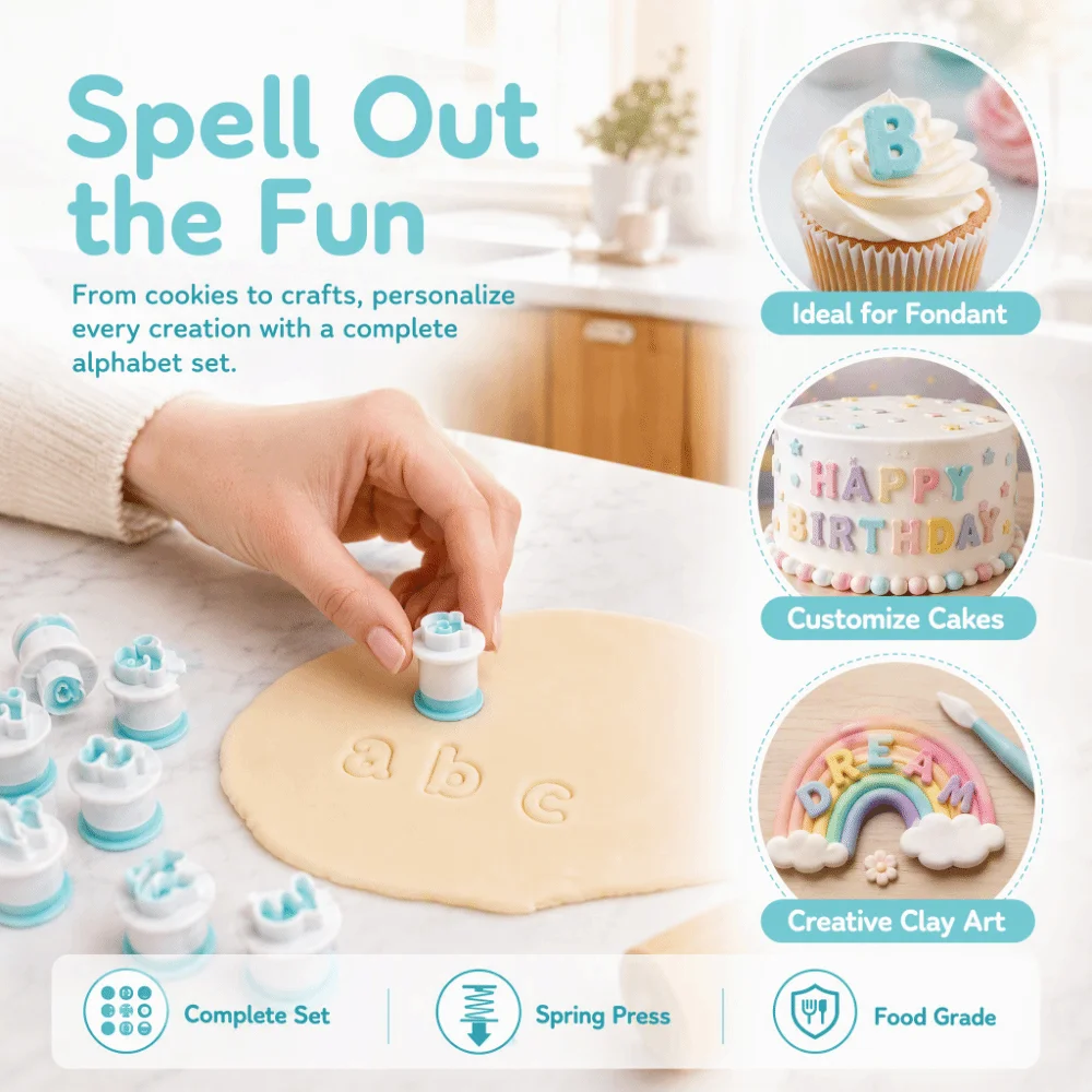 26PCS Lowercase Alphabet Cookie Stamp Cutter Set Food Grade Spring Loaded Letter Cookie Mold Plastic Cake Embosser Cutter